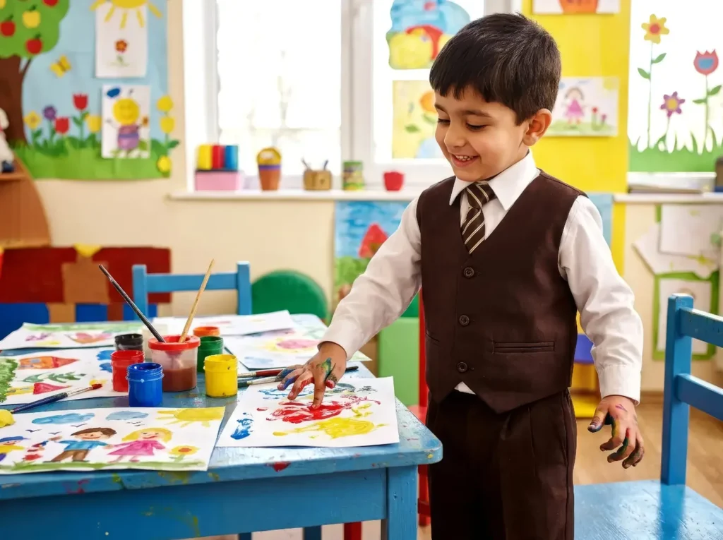 A young boy finger painting