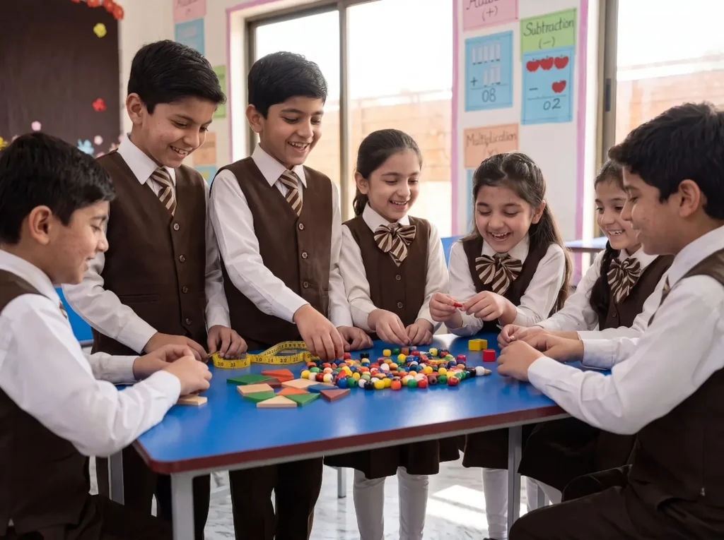 Students learning maths with beads and shapes