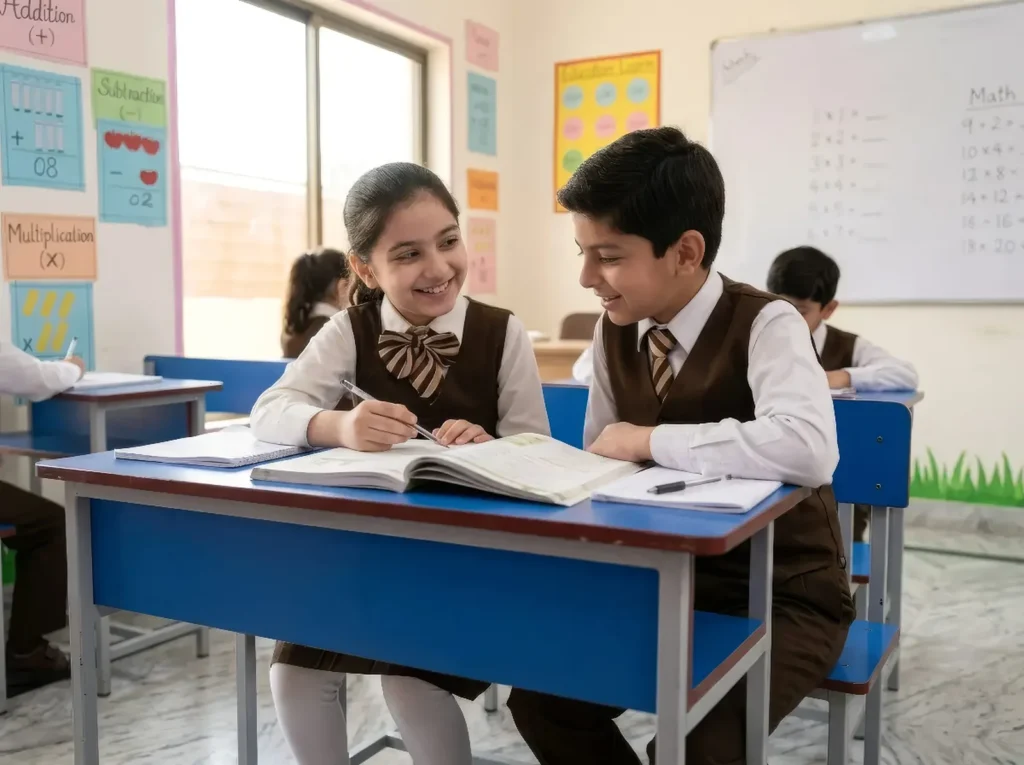 Two students smiling while studying together