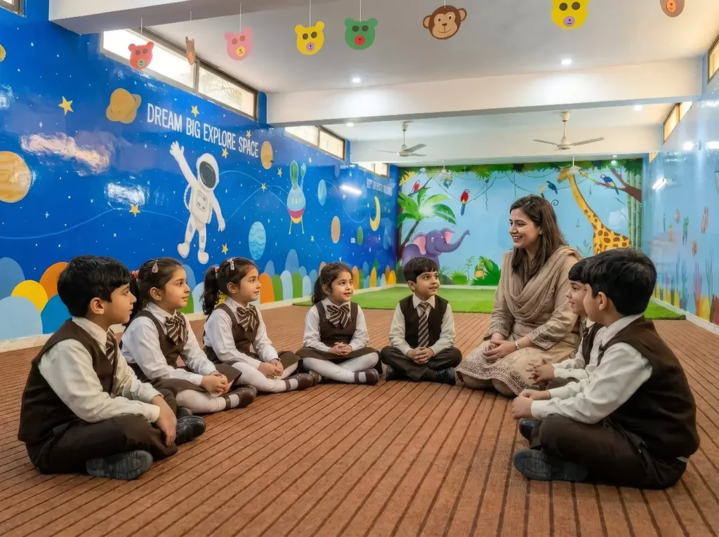 Early Years circle time in the colourful play room
