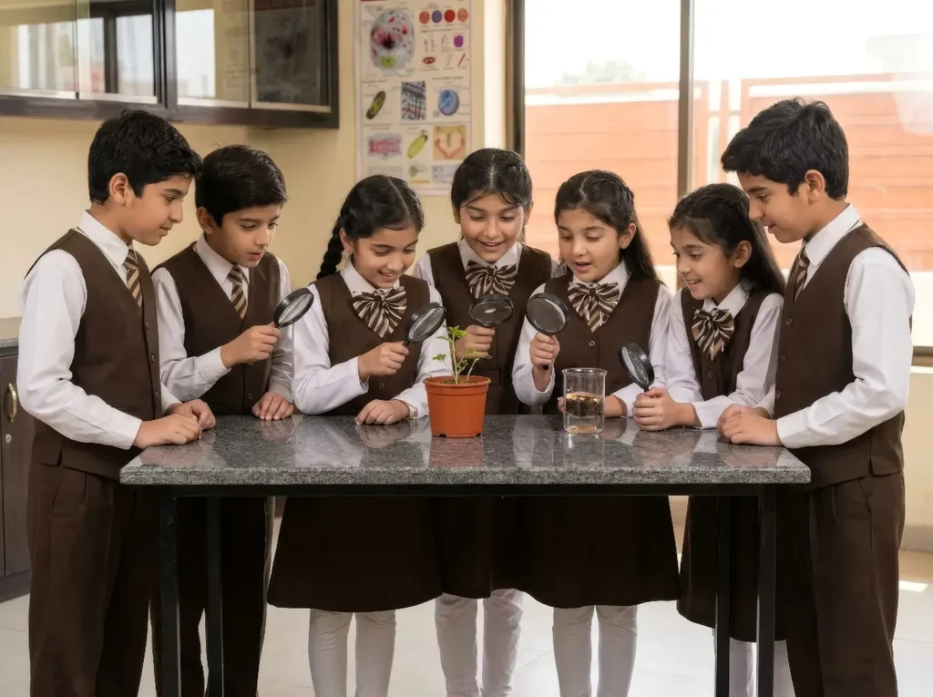 Students exploring a plant with magnifying glasses