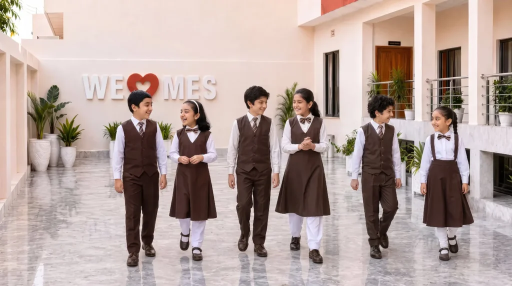 Monarch students in uniform walking together in the school courtyard