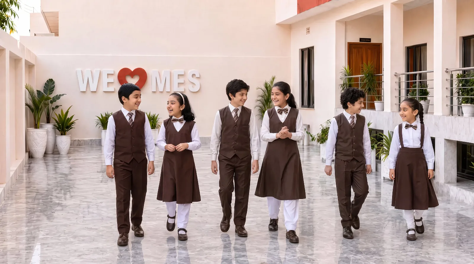 Monarch students in uniform walking together in the school courtyard