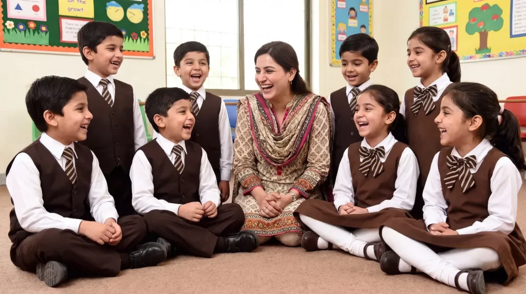 A teacher laughing with young students in circle time