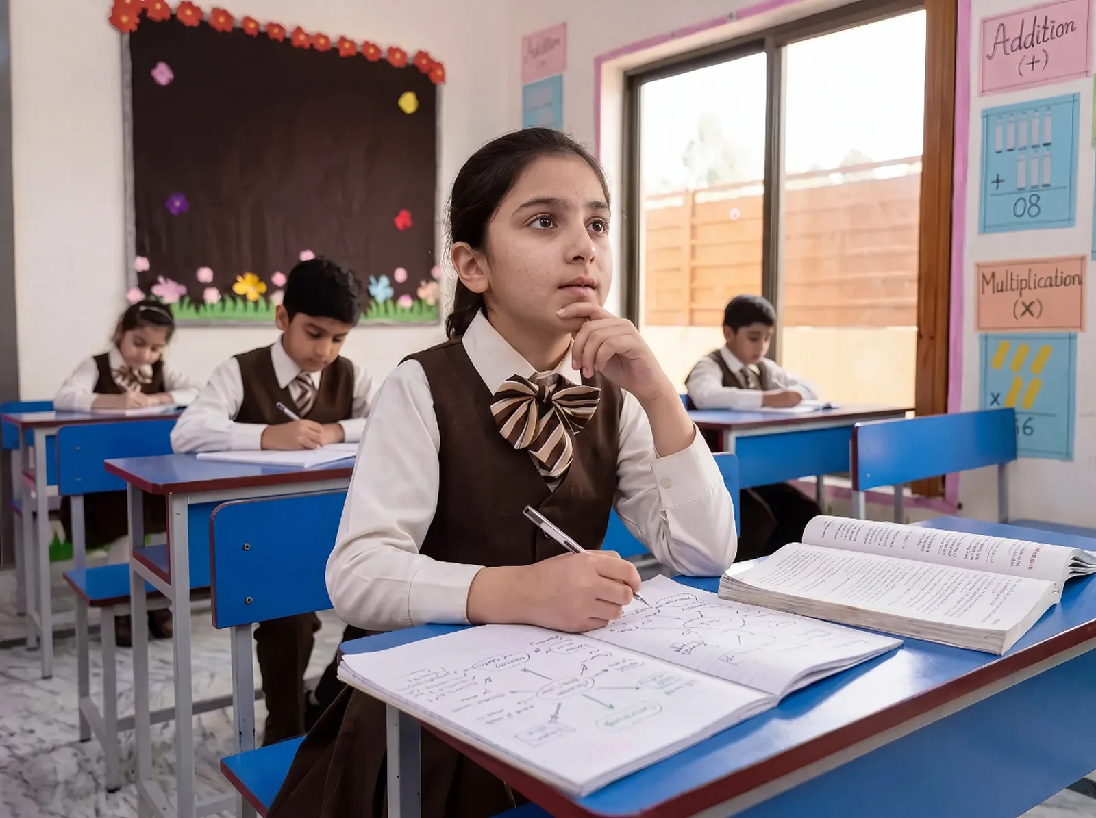 A student thinking while writing a mind map